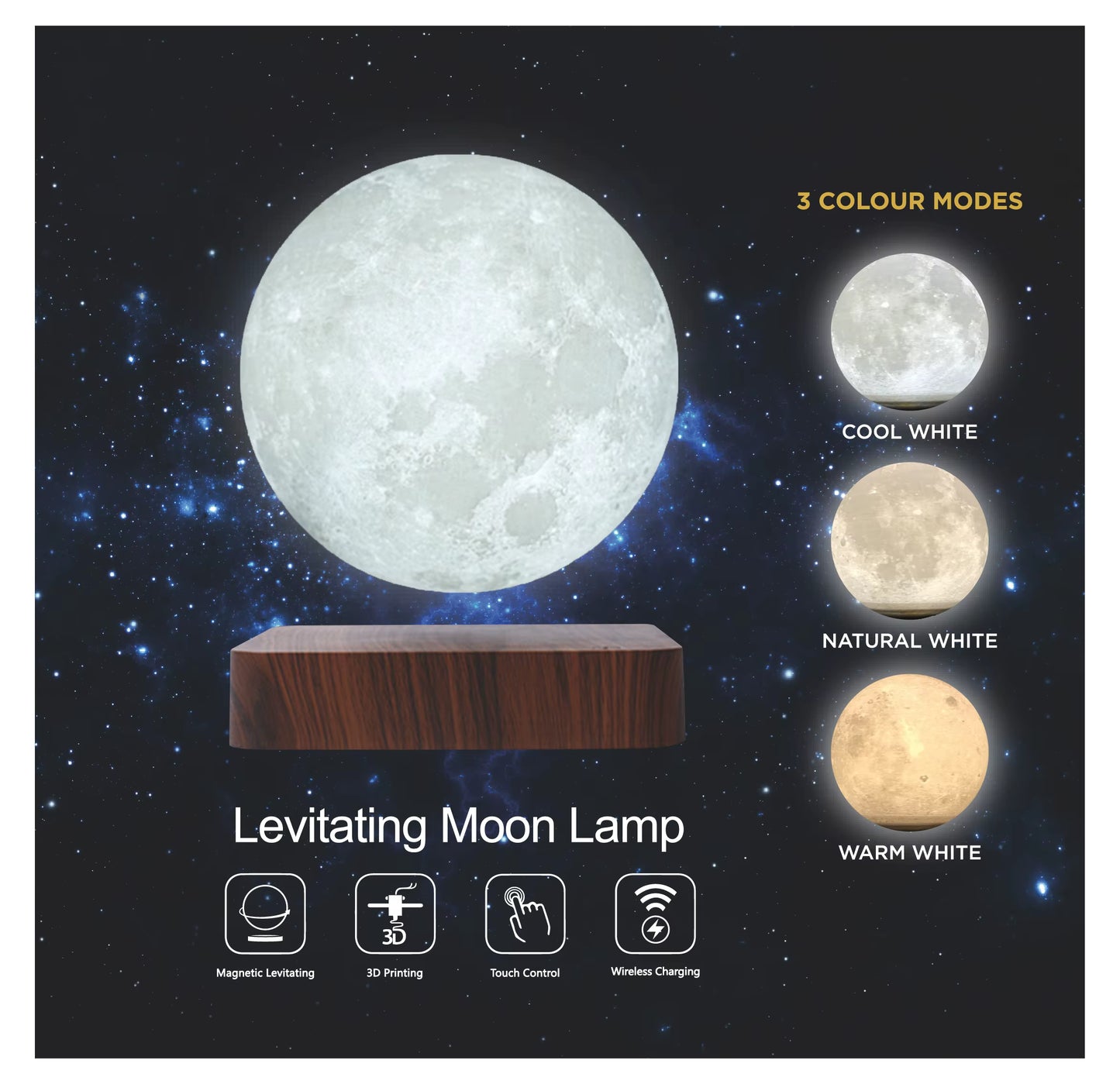 Magnetic Floating Rotating Moon Lamp with Wooden Base, 3 Color Temperature LED Night Lights of Print 3D for Unique Gifts, Room