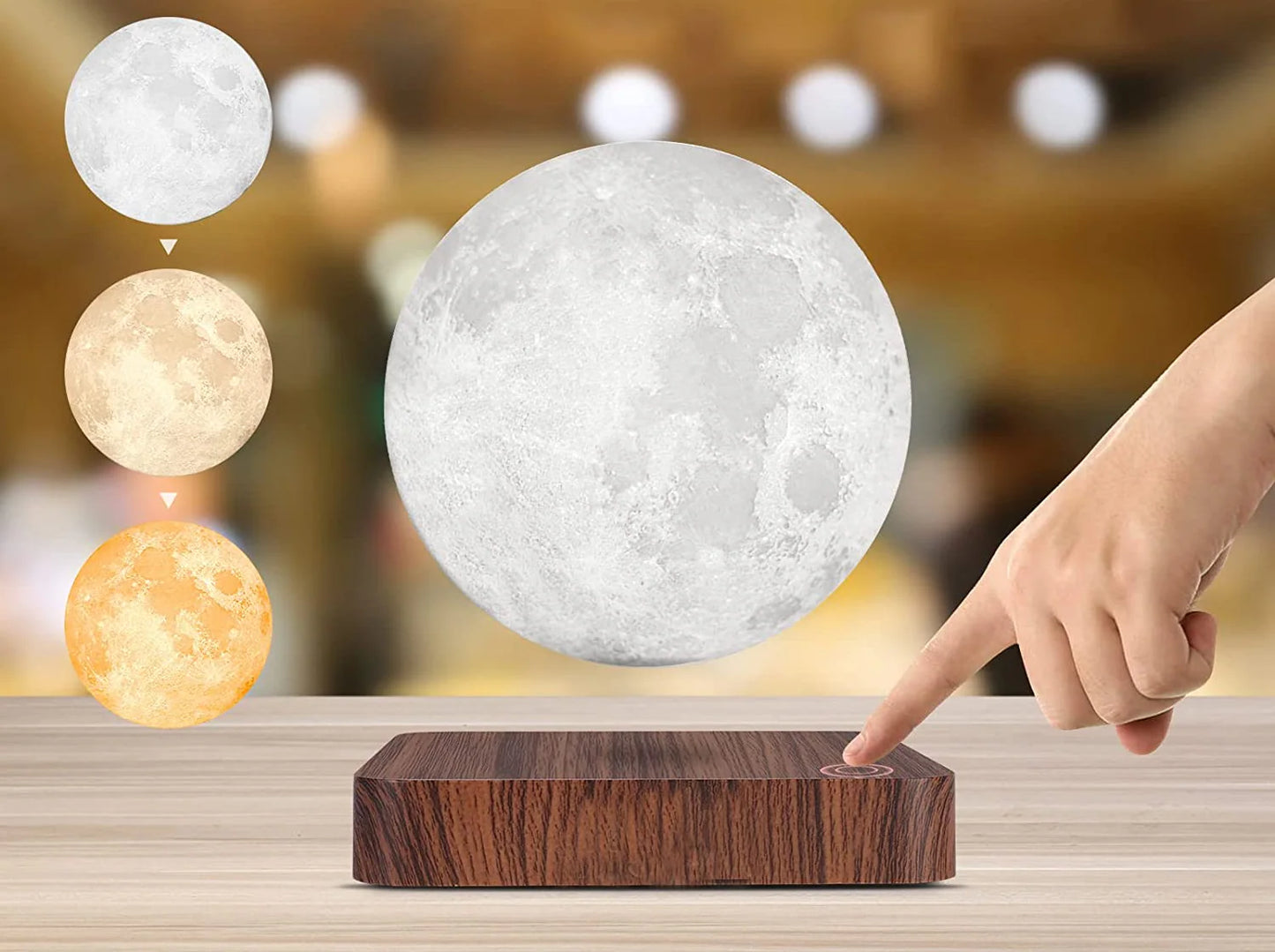 Magnetic Floating Rotating Moon Lamp with Wooden Base, 3 Color Temperature LED Night Lights of Print 3D for Unique Gifts, Room